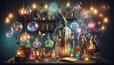 Whimsical wizard's lab with potions, orbs, and magical creatures.