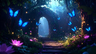 Enchanting forest with glowing butterflies and lotus flowers
