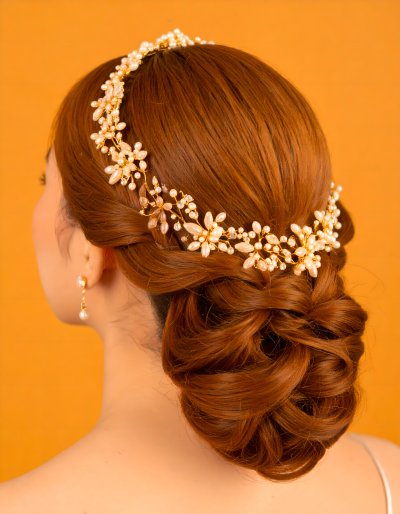 Bride with ornate gold floral hairpiece and pearl earrings