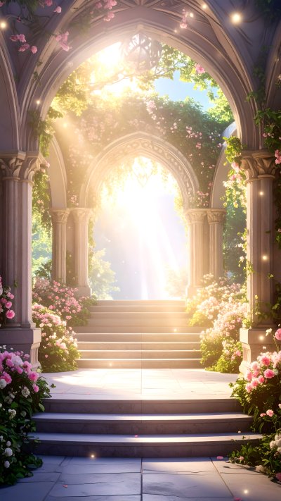 Sunlit fantasy archway with stairs, pink flowers, and glowing lights