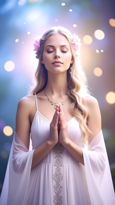 Woman praying or meditating in white dress with flowers in hair