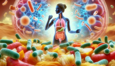 Human anatomy illustration with microbiome, food, and bacteria represe