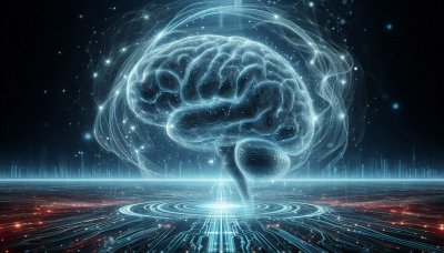 Glowing digital brain of circuit lines above a futuristic network