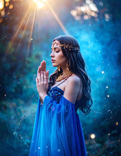 Woman in blue gown praying in mystical forest with sunbeams