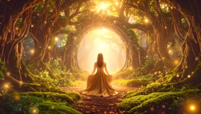 Mystical forest gateway with meditating woman and golden light