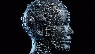 Cybernetic Human Head with Circuit Board Detailing on Black Background