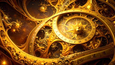 Intricate golden celestial orrery revealing cosmic wonders