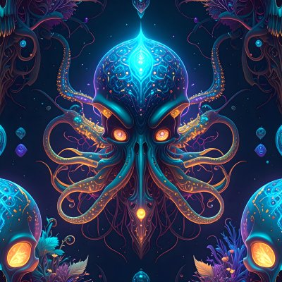 Glowing cosmic kraken entity with neon patterns and tendrils