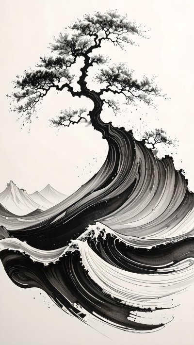 Ink painting of bonsai tree on a wave with mountains