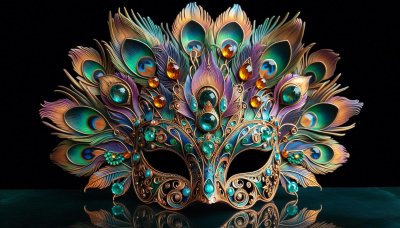 Ornate Carnival Mask with Peacock Feathers and Jewels on Black