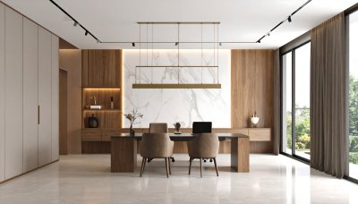 Modern office with wood accents, natural light, inspiring focus
