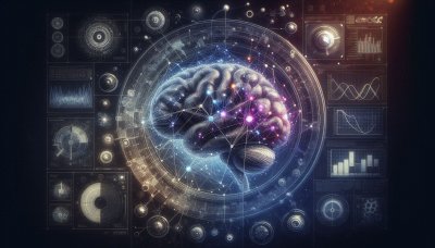 Human brain surrounded by digital data interface elements