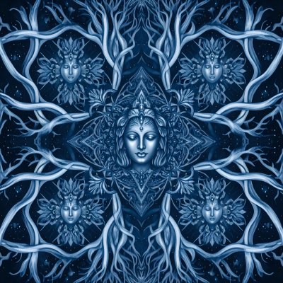 Symmetrical mystical face surrounded by organic roots in blue tones.