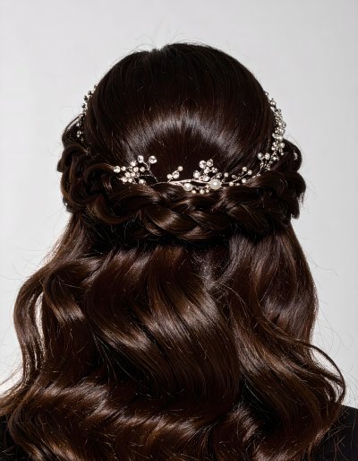 Elegant braided updo with sparkling floral hair accessory