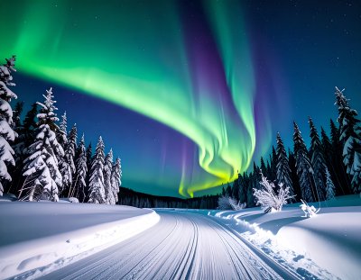 Aurora borealis over a snowy winter landscape with ski track