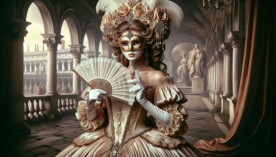 Venetian masquerade woman with mask and fan in ornate setting