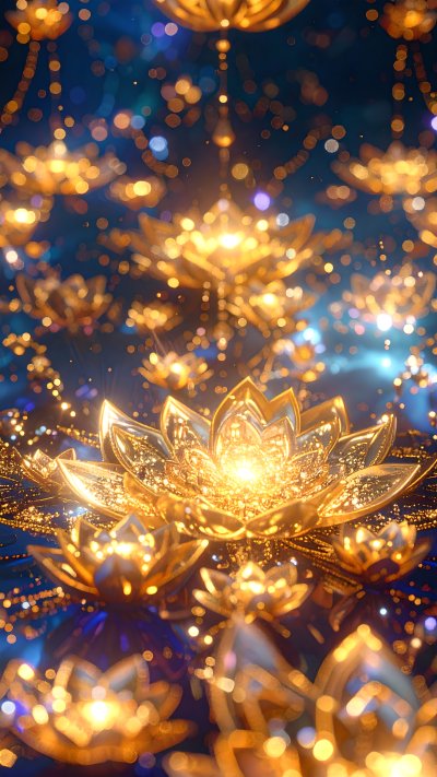 Golden lotus flowers with glitter and bokeh lights on blue