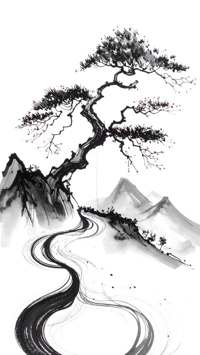 Sumi-e ink painting of twisted pine tree, mountains, and flowing lines