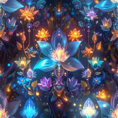 Symmetrical arrangement of glowing ethereal flowers and plants