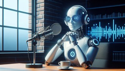 White robot at a podcast microphone in a modern studio with sound grap