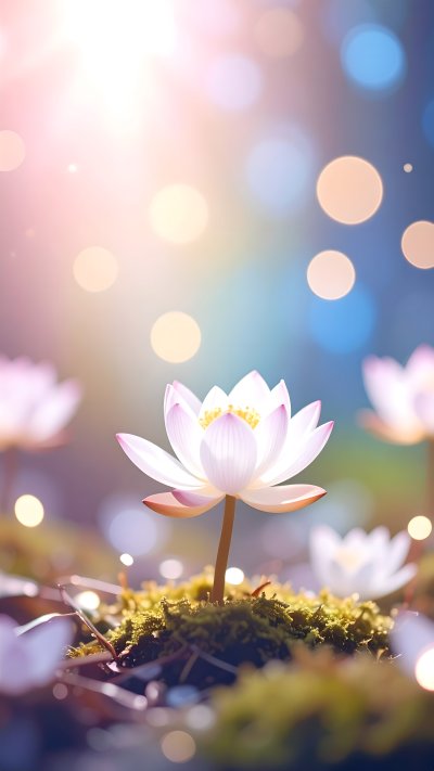 White lotus flower blooming on moss with soft pastel bokeh lights