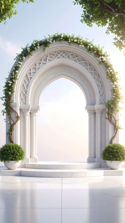 Elegant marble arch with flowers, steps, and platform under bright sky