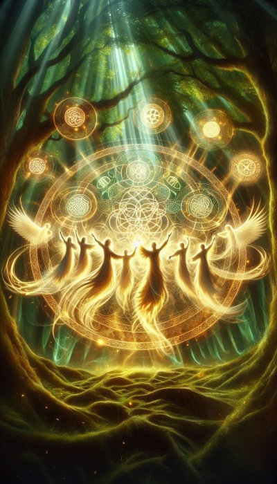 Golden figures dancing within Celtic circle in sunlit forest