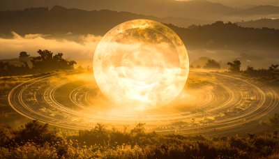 Golden orb, ancient symbol, misty mountains, dawn, wonder.