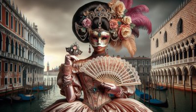 Venetian masquerade woman with fan, gondolas and buildings
