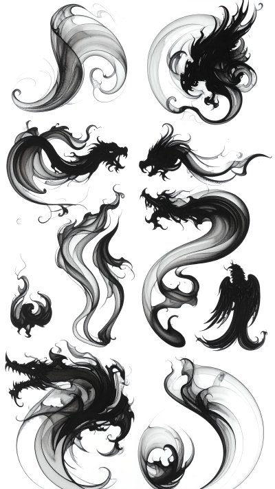Monochrome ink illus of dynamic dragons, bird, & smoke shapes.