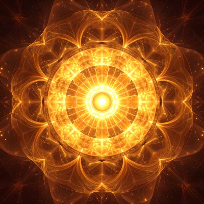 Golden fractal mandala radiates warm light, spiritual energy