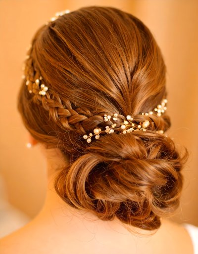 Elegant braided updo with pearl and crystal hair accessories