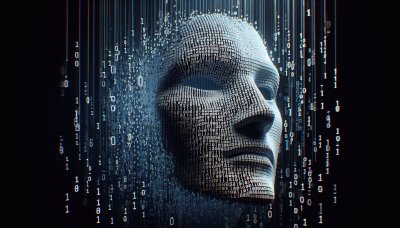 Human face made of binary code dissolving into data stream