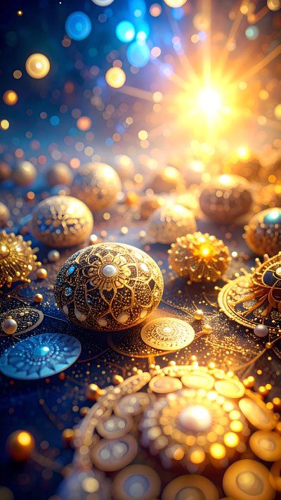 Ornate golden objects, intricate patterns, pearls, dark sparkle, bo...