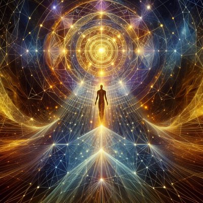 Figure ascending through cosmic mandala with interconnected lines and 