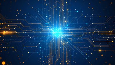 Glowing golden digital network on blue, symbolizing tech and data flow