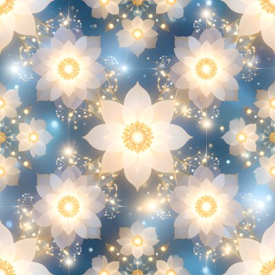 Seamless pattern white glowing flowers gold centers sparkling light...