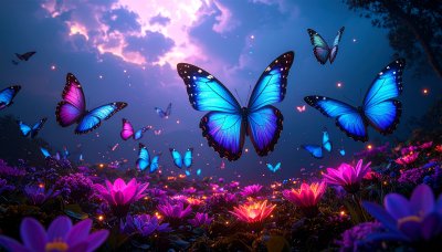 Twilight meadow, glowing flowers, iridescent butterflies