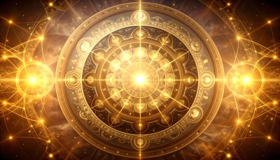 Mystical golden clock radiates cosmic energy