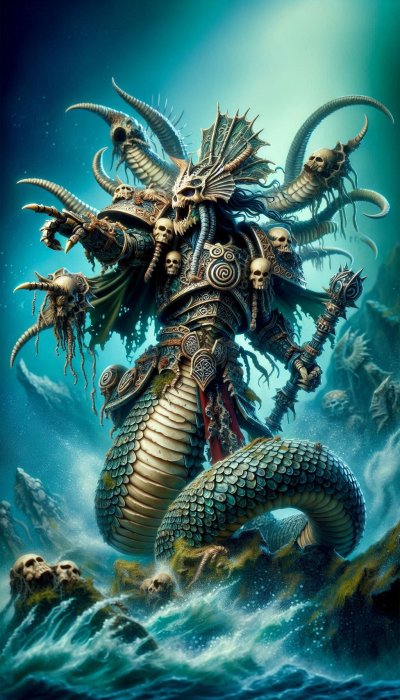 Naga warrior with skull armor and serpent heads in stormy sea