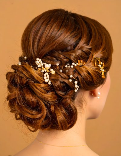 Elegant bridal updo with pearl and crystal hair accessories