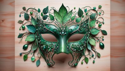 Green Venetian Masquerade Mask with Leaf & Pearl Embellishments on Woo