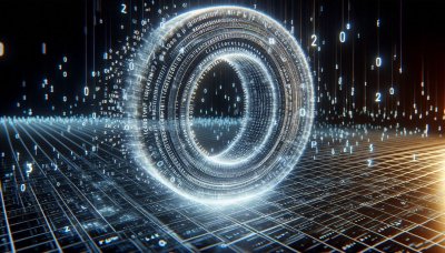 Glowing digital data ring over grid in dark technological space