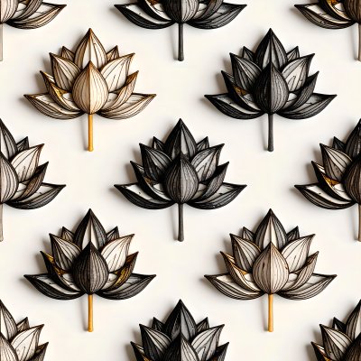 Seamless pattern of two-tone stylized lotus flowers on white