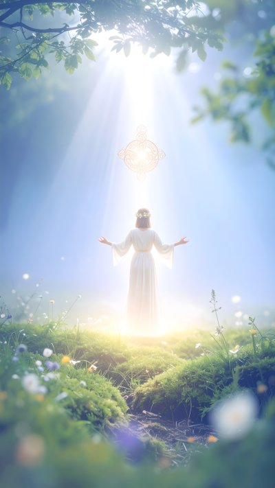 Woman raising arms towards glowing spiritual symbol in nature