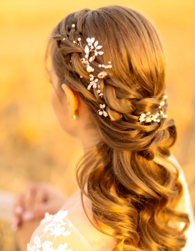 Ethereal bridal hair, pearl & crystal, golden light