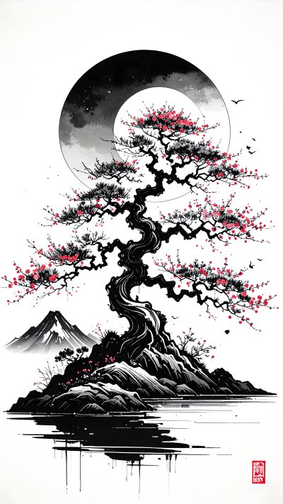 Japanese ink painting of bonsai with blossoms, moon, mountains, water