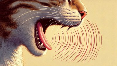Illustration of cat roaring with sound waves in vintage woodcut style.