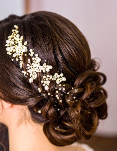 Elegant bridal hair accessory with pearls and crystals on updo