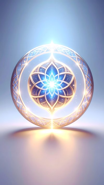 Glowing sacred geometry symbol with blue mandala and gold ring